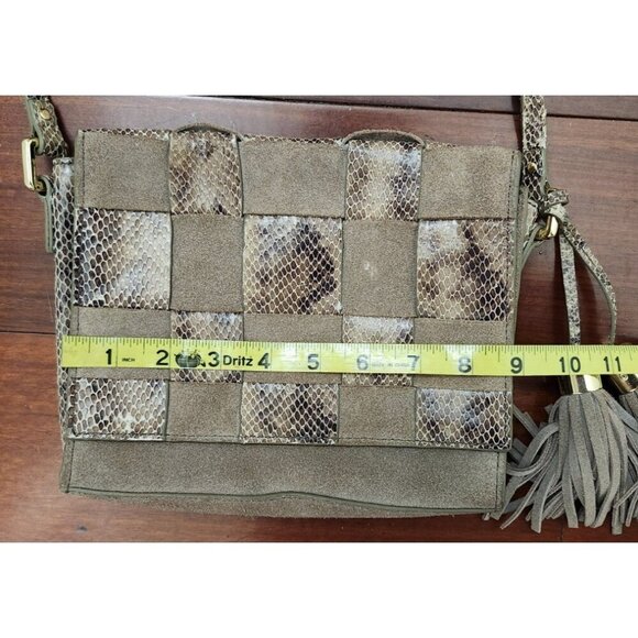 Antropologie Morgan Woven Suede Crossbody Bag Snakeskin Accents Tassel Boho - Picture 11 of 15